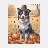 Border Collie in Herfstbladeren Thanksgiving Kunst Fleece Deken (Voorkant)