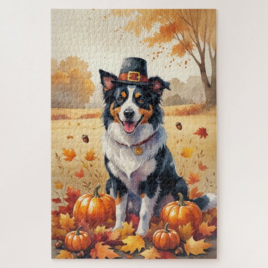Border Collie in Herfstbladeren Thanksgiving Kunst Legpuzzel (Verticaal)