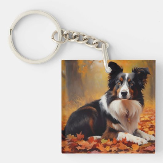 Border Collie in herfstbladeren val inspireert Sleutelhanger (Voorkant)