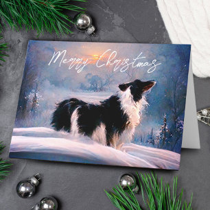 Border Collie in winters landschapschilderij met s Feestdagen Kaart