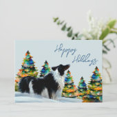 Border Collie in wintersneeuw Kerstboom  Feestdagenkaart (Staand voorkant)
