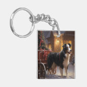 Border Collie Kerst Feestelijke Periode Sleutelhanger (Voorkant Links)