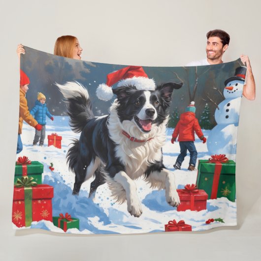 Border Collie Kerst Feestelijke Sneeuwscène Fleece Deken (In situ)