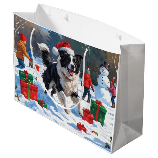 Border Collie Kerst Feestelijke Sneeuwscène Groot Cadeauzakje (Achterkant Gekanteld)