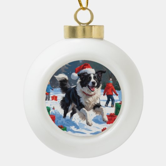 Border Collie Kerst Feestelijke Sneeuwscène Keramische Bal Ornament (Voorkant)