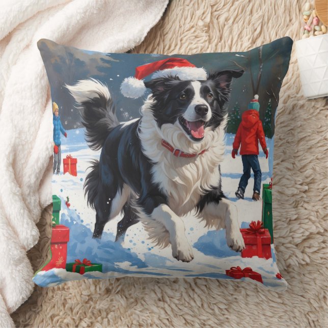 Border Collie Kerst Feestelijke Sneeuwscène Kussen (Deken)
