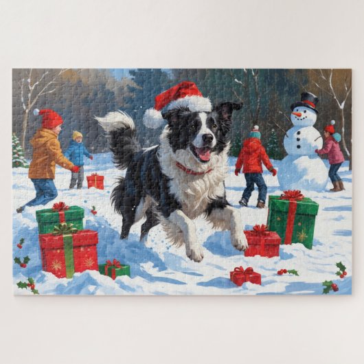 Border Collie Kerst Feestelijke Sneeuwscène Legpuzzel (Horizontaal)