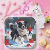 Border Collie Kerst Feestelijke Sneeuwscène Papieren Bordje (Feest)