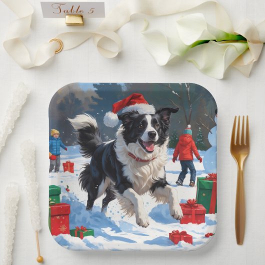 Border Collie Kerst Feestelijke Sneeuwscène Papieren Bordje (Huwelijk)