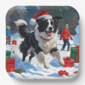 Border Collie Kerst Feestelijke Sneeuwscène Papieren Bordje (Voorkant)