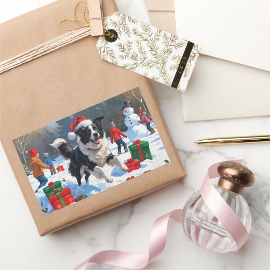 Border Collie Kerst Feestelijke Sneeuwscène Rechthoekige Sticker (Geschenken)