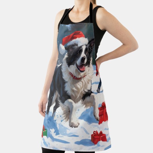 Border Collie Kerst Feestelijke Sneeuwscène Schort (Insitu)