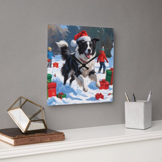 Border Collie Kerst Feestelijke Sneeuwscène Vierkante Klok (Kantoor)