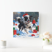 Border Collie Kerst Feestelijke Sneeuwscène Vierkante Klok (Huis)