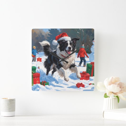 Border Collie Kerst Feestelijke Sneeuwscène Vierkante Klok (Huis)