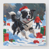 Border Collie Kerst Feestelijke Sneeuwscène Vierkante Klok (Voorkant)
