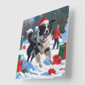 Border Collie Kerst Feestelijke Sneeuwscène Vierkante Klok (Hoek)