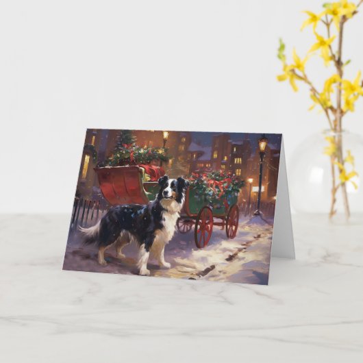 Border Collie Kerst Seizoen Kaart (Gele Bloem)