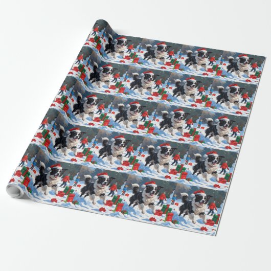 Border Collie Kerst Sneeuwlandschap Cadeaupapier (Uitgerold)