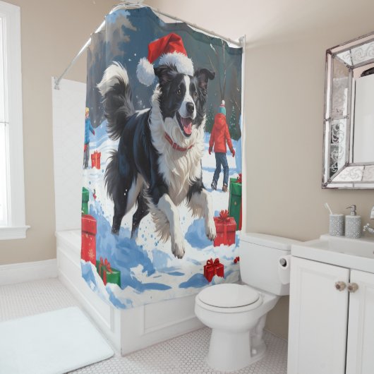 Border Collie Kerst Sneeuwlandschap Douchegordijn (In situ)