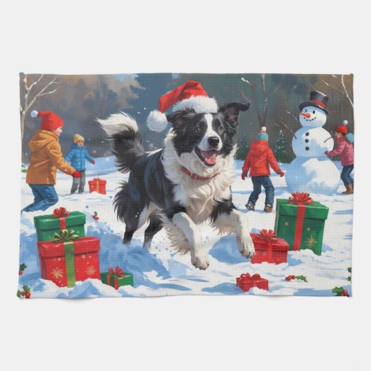 Border Collie Kerst Sneeuwlandschap Theedoek (Horizontaal)