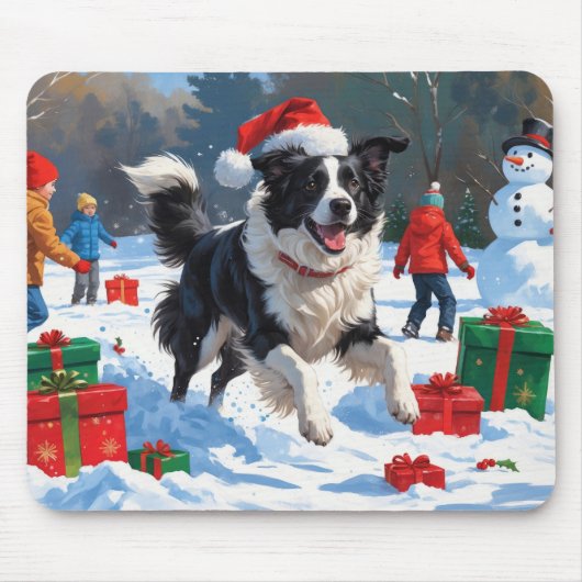 Border Collie Kerst Sneeuwscène Muismat (Voorkant)