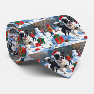 Border Collie Kerst Sneeuwscène Stropdas