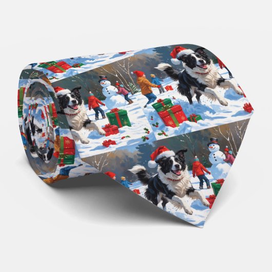 Border Collie Kerst Sneeuwscène Stropdas (Opgerold)