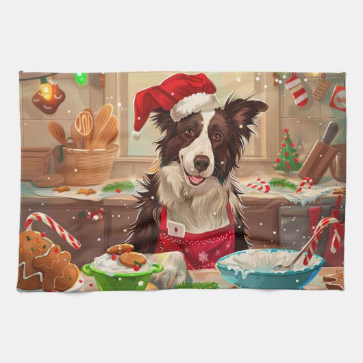 Border Collie Kerstbak: Festieve Kerstmis Theedoek (Horizontaal)