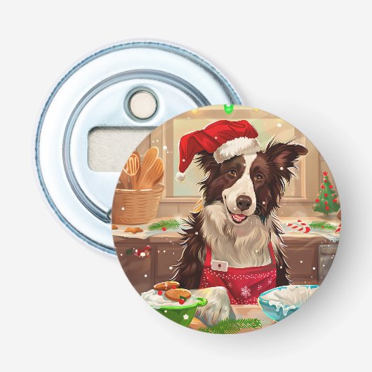 Border Collie Kerstbakken: Feestelijke Kerstmis Button Flesopener (Voorkant)