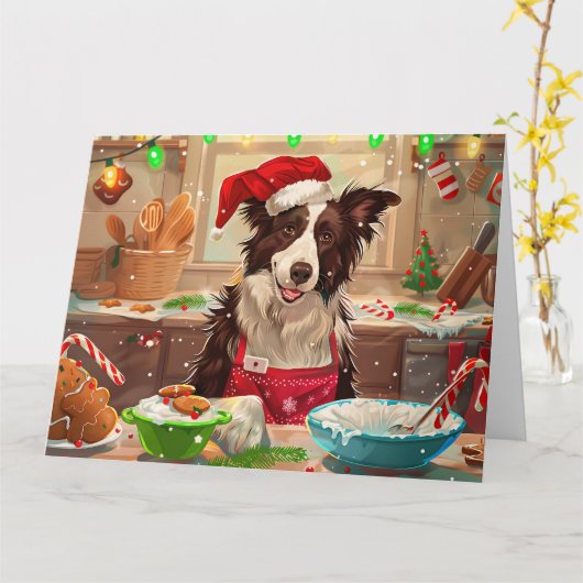 Border Collie Kerstbakken: Festieve Kerstmis Kaart (Gele Bloem)