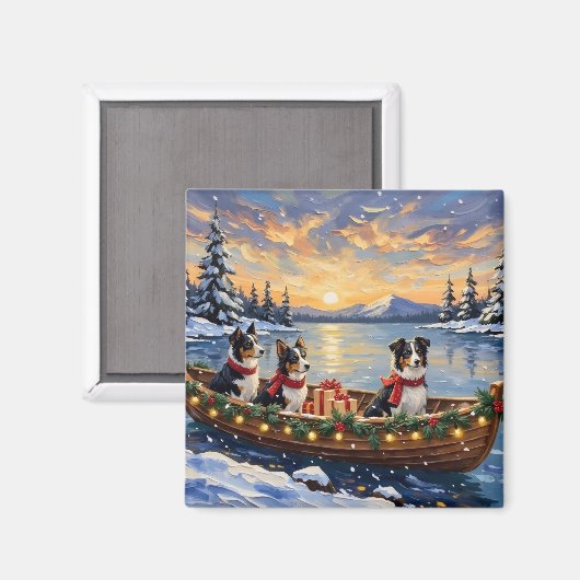 Border Collie Kerstboot Vakantie Magneet (Voorkant / Achterkant)