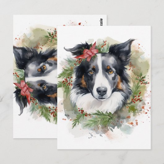 Border Collie Kerstkrans Feestelijke Pup Briefkaart (Voorkant / Achterkant)
