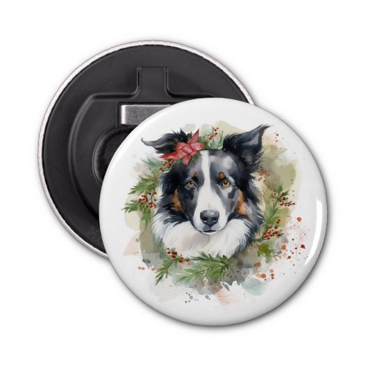 Border Collie Kerstkrans Feestelijke Pup Button Flesopener (Voorkant)