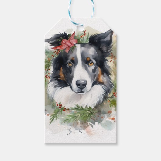 Border Collie Kerstkrans Feestelijke Pup Cadeaulabel (Voorkant)
