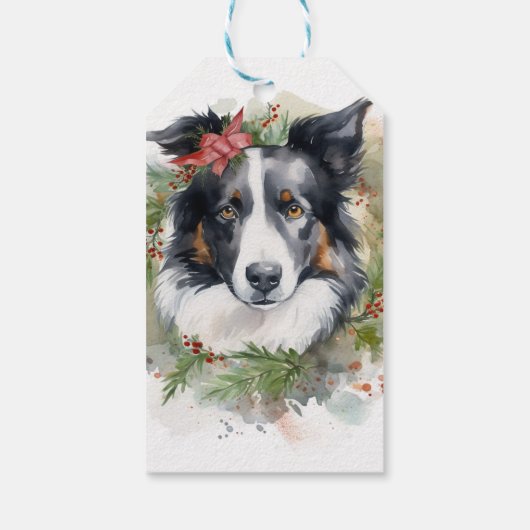 Border Collie Kerstkrans Feestelijke Pup Cadeaulabel (Achterkant)