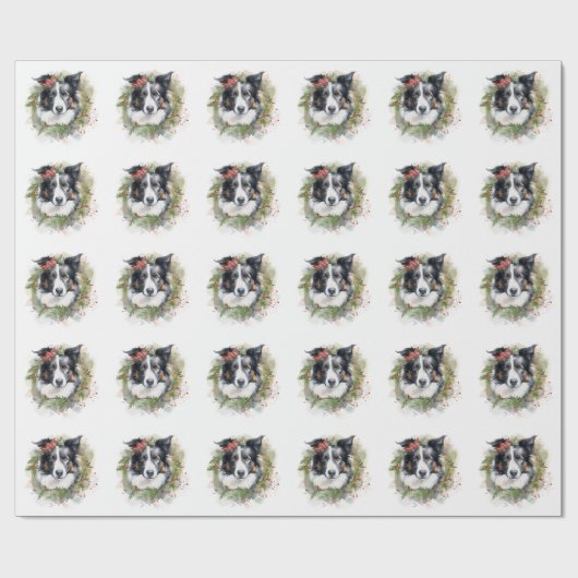 Border Collie Kerstkrans Feestelijke Pup Cadeaupapier (Vlak)