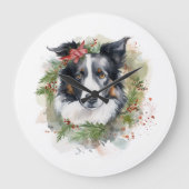 Border Collie Kerstkrans Feestelijke Pup Grote Klok (Voorkant)