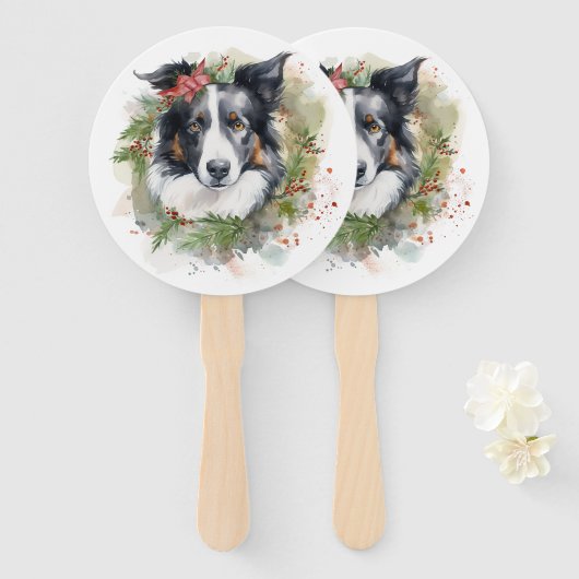 Border Collie Kerstkrans Feestelijke Pup Handwaaier (Voorkant en achterkant)