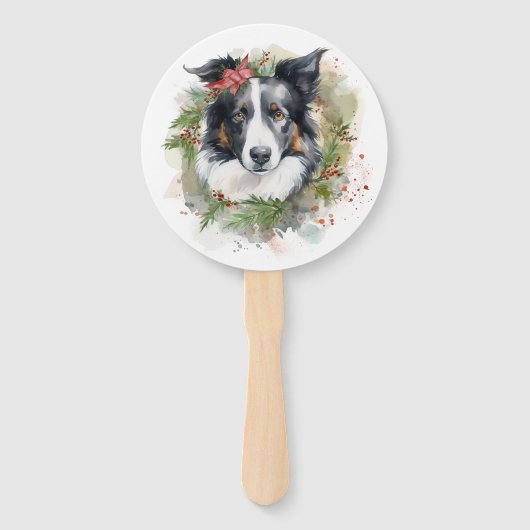 Border Collie Kerstkrans Feestelijke Pup Handwaaier (Voorkant)