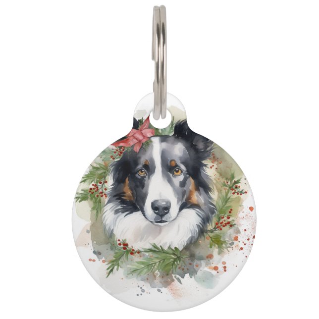 Border Collie Kerstkrans Feestelijke Pup Huisdierpenning (Voorkant)