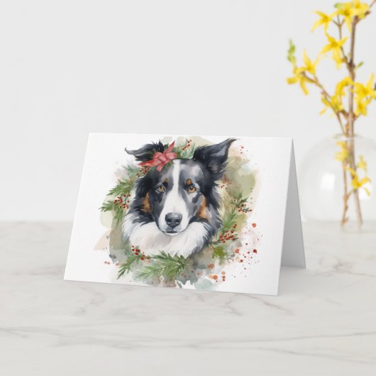 Border Collie Kerstkrans Feestelijke Pup Kaart (Gele Bloem)