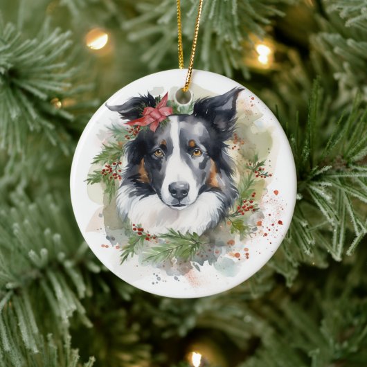 Border Collie Kerstkrans Feestelijke Pup Keramisch Ornament (Boom)