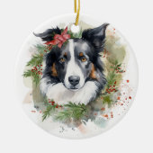 Border Collie Kerstkrans Feestelijke Pup Keramisch Ornament (Voorkant)