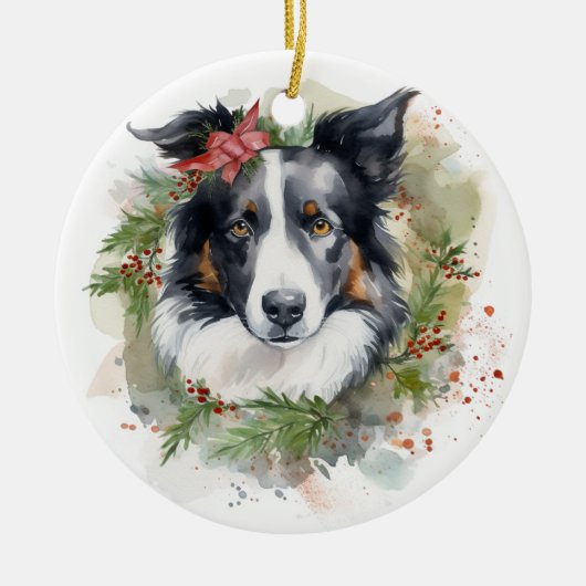 Border Collie Kerstkrans Feestelijke Pup Keramisch Ornament (Voorkant)