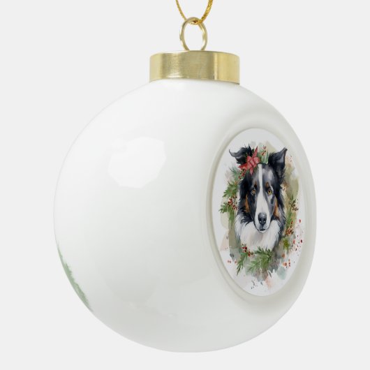 Border Collie Kerstkrans Feestelijke Pup Keramische Bal Ornament (Links)