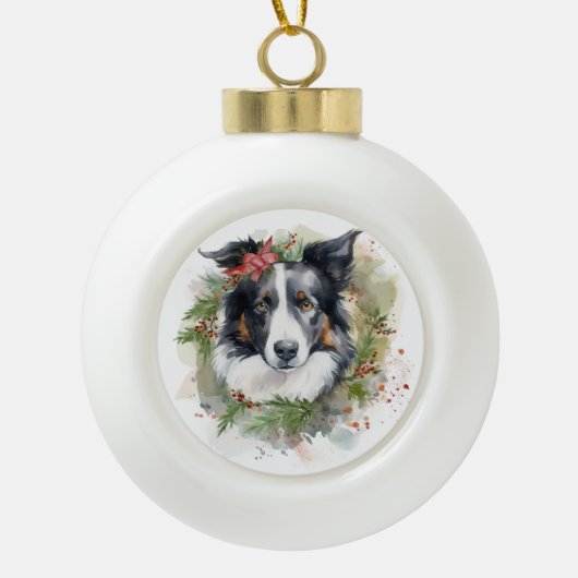 Border Collie Kerstkrans Feestelijke Pup Keramische Bal Ornament (Voorkant)