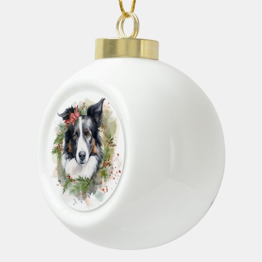 Border Collie Kerstkrans Feestelijke Pup Keramische Bal Ornament (Rechts)