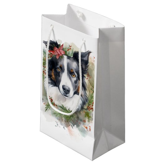 Border Collie Kerstkrans Feestelijke Pup Klein Cadeauzakje (Voorkant Gekanteld)