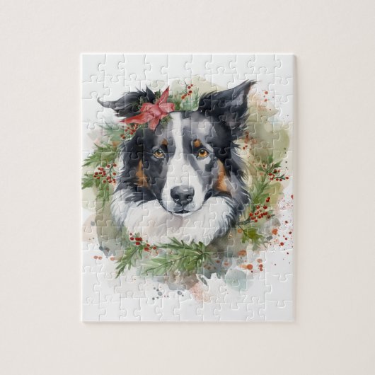 Border Collie Kerstkrans Feestelijke Pup Legpuzzel (Verticaal)